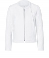 Stylish jacket in fine, pure white textured cotton - Soft yet durable, medium weight material has a chic, textured effect - On-trend, slim cut crops at hips - Long sleeves, full zip and round neck - Casually elegant, perfect for topping off dressy t-shirts and tanks or silk blouses - Pair with pencil skirts, wide leg trousers or cropped chinos