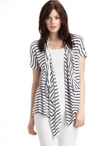 Asymmetric draping adds flirty flair to this open front look with a charming stripe pattern.Draped open front Short sleeves Uneven hem About 28 from shoulder to hem 55% cotton/25% polyester/20% rayon Dry clean Imported Asymmetric draping adds flirty flair to this open front look with a charming stripe pattern.Draped open front Short sleeves Uneven hem About 28 from shoulder to hem 55% cotton/25% polyester/20% rayon Dry clean Imported