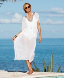 Standout under the sun in this global-glam Raviya sheer cover up featuring beading & studding embellishments! Standout under the sun in this global-glam Raviya sheer cover up featuring beading & studding embellishments!
