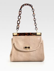 An elegant frame in luxurious lizard embossed leather accented with glossy resin and radiant hardware.Resin chain shoulder strap, 11 dropMagnetic snap flap closureOne zip and two open inner compartmentsTwo inside zip pocketsTwo inside open pocketsOne mirrorCotton lining11W X 8H X 5½DImported An elegant frame in luxurious lizard embossed leather accented with glossy resin and radiant hardware.Resin chain shoulder strap, 11 dropMagnetic snap flap closureOne zip and two open inner compartmentsTwo inside zip pocketsTwo inside open pocketsOne mirrorCotton lining11W X 8H X 5½DImported