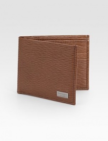 A sleek leather wallet is defined by light texture and signature plate detail. Two bill compartments Six card slots 4½ X 3½ Made in Italy A sleek leather wallet is defined by light texture and signature plate detail. Two bill compartments Six card slots 4½ X 3½ Made in Italy