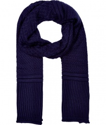 Give your look a sleek finish with Neil Barretts ink blue chunky knit scarf, finished with contrast ribbed trim for that high-fashion homespun feel - Rolled ends, wool-mix, contrast knit throughout - Pair with sharply cut outerwear Give your look a sleek finish with Neil Barretts ink blue chunky knit scarf, finished with contrast ribbed trim for that high-fashion homespun feel - Rolled ends, wool-mix, contrast knit throughout - Pair with sharply cut outerwear