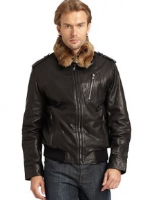 THE LOOKRemovable plush rabbit fur collarSpread leather collar with snap tabEpaulettesFront zipperThree front zip pocketsLong sleeves with snap cuffs and seamed elbow patchesGrommet detailsElastic rib-knit hemInside zip pocketTHE FITAbout 29 from shoulder to hemTHE MATERIALShell: leatherFill: polyesterFully linedDyed sheared rabbit furCARE & ORIGINDry clean by a leather specialistImportedFur origin: China THE LOOKRemovable plush rabbit fur collarSpread leather collar with snap tabEpaulettesFront zipperThree front zip pocketsLong sleeves with snap cuffs and seamed elbow patchesGrommet detailsElastic rib-knit hemInside zip pocketTHE FITAbout 29 from shoulder to hemTHE MATERIALShell: leatherFill: polyesterFully linedDyed sheared rabbit furCARE & ORIGINDry clean by a leather specialistImportedFur origin: China