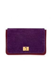 Luxury clutch of ruby-colored calf leather with violet suede flat - Gold-colored locking twist - Trendy, thin square-shaped envelope style - Sophisticated statement piece that looks great with a cocktail dress, or leather pants and blouse, and heels Luxury clutch of ruby-colored calf leather with violet suede flat - Gold-colored locking twist - Trendy, thin square-shaped envelope style - Sophisticated statement piece that looks great with a cocktail dress, or leather pants and blouse, and heels