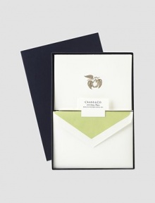 This hand-engraved golden pear notecard brings an air of springtime calm to your casual correspondence. Beautifully appointed pearl white notecards with matching envelopes lined in pear green. Crisp cotton paper Set of 25 8W X 5½H Made in USA This hand-engraved golden pear notecard brings an air of springtime calm to your casual correspondence. Beautifully appointed pearl white notecards with matching envelopes lined in pear green. Crisp cotton paper Set of 25 8W X 5½H Made in USA