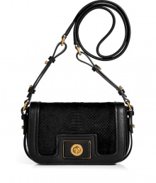 Perfectly petite and finished with luxe haircalf, Marc by Marc Jacobss black leather bag is an urban cool accessory guaranteed to amp up your outfit - Long shoulder strap, laser cut haircalf snakeskin-effect flap with logo turnlock closure, 4 inside back wall credit card slots, protective feet - Perfect for cocktails with sharply tailored sheath dresses and polished gold statement jewelry Perfectly petite and finished with luxe haircalf, Marc by Marc Jacobss black leather bag is an urban cool accessory guaranteed to amp up your outfit - Long shoulder strap, laser cut haircalf snakeskin-effect flap with logo turnlock closure, 4 inside back wall credit card slots, protective feet - Perfect for cocktails with sharply tailored sheath dresses and polished gold statement jewelry