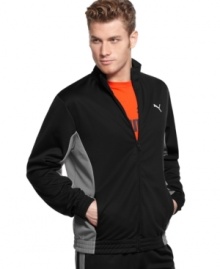 Add a shot of color to your workout wear with this color-blocked track jacket from Puma. Add a shot of color to your workout wear with this color-blocked track jacket from Puma.