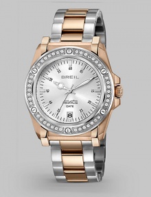 A mix of metals makes this timepiece, accented with sparkling Swarovski crystals, ever more versatile.Quartz movement Water resistant to 10 ATM Swarovski crystal bezel Stainless steel with rose IP treatment case, 37mm, (1.46) Date display at 6 o'clock Second hand Stainless steel with rose IP treatment link bracelet, 19mm (.7) Safety lock closure Imported A mix of metals makes this timepiece, accented with sparkling Swarovski crystals, ever more versatile.Quartz movement Water resistant to 10 ATM Swarovski crystal bezel Stainless steel with rose IP treatment case, 37mm, (1.46) Date display at 6 o'clock Second hand Stainless steel with rose IP treatment link bracelet, 19mm (.7) Safety lock closure Imported
