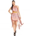 An asymmetrical hi-lo hem ups the edge on this printed chiffon Bar III maxi dress -- a hot pick for a stylish soiree look!