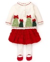 The videos, the photos, the family gathering: make her first holiday special in this Hartstrings cardigan, skirt and tights set. The sweater features knit trees topped with velveteen bows.