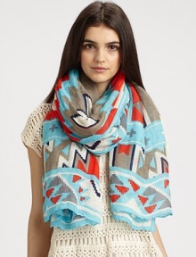 A colorful, southwestern-inspired print in a gauzy linen blend. 62% linen/38% viscoseAbout 40 X 73Hand washImported A colorful, southwestern-inspired print in a gauzy linen blend. 62% linen/38% viscoseAbout 40 X 73Hand washImported