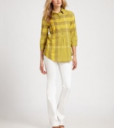 Crisp cotton, printed in a colorful exploded check pattern.Shirt collarButton placketThree-quarter sleeves with button cuffsGathered detailCurved hemlineAbout 28 from shoulder to hemCottonMachine washImportedModel shown is 5'10½ wearing US size Small. 