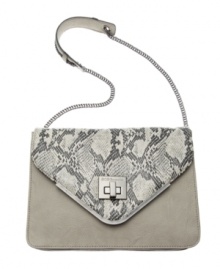 A classic silhouette with a dash of edge. This sleek shoulder bag by BCBGeneration amps up the wow-factor with a stunning snakeskin print flap and a trend-right chain shoulder strap. A classic silhouette with a dash of edge. This sleek shoulder bag by BCBGeneration amps up the wow-factor with a stunning snakeskin print flap and a trend-right chain shoulder strap.