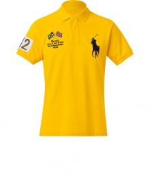 For a modern riff on a venerable classic, try Ralph Laurens big logo polo shirt - Soft yet durable bright yellow pique cotton - Slim, straight cut - Small collar and short button placket - Oversize polo pony logo at chest, numbered sleeve and XL numbered team graphic at back - Hem hangs slightly longer in the back - Casually cool, ideal for everyday leisure - Pair with jeans, chinos or shorts