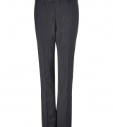 Sharpen up your tailored business look in Etros chic pinstriped wool pants - Flat front, belt loops, off-seam pockets, back welt pockets with buttons, creasing at legs - Modern slim fit - Style with a matching blazer, a printed button-down, and leather oxfords