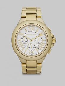 From the Bella Collection. A timeless design in radiant goldtone stainless steel. Quartz movementWater resistant to 10 ATMRound goldtone stainless steel case, 43mm (1.7) Smooth bezelSilvertone dialRoman numeric and bar hour markersDate display between 4 and 5 o'clockSecond hand Goldtone stainless steel link braceletImported