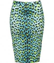 Inject a wild edge into your workwear with Just Cavallis bright leopard print pencil skirt - Hidden back zip, kick-pleat - Form-fitting - Wear with solid tops and sleek pin heels Inject a wild edge into your workwear with Just Cavallis bright leopard print pencil skirt - Hidden back zip, kick-pleat - Form-fitting - Wear with solid tops and sleek pin heels