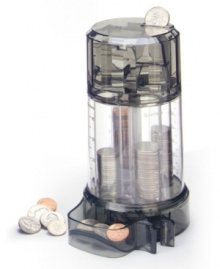 Bank your own way. Deposits slide down the sorting ramp into neat, fully visible and automatically toted stacks of quarters, dimes, nickels and pennies. And for withdrawals, just rotate the bank to line-up coins with the dispensing tray and push the lever for pay out. Bank your own way. Deposits slide down the sorting ramp into neat, fully visible and automatically toted stacks of quarters, dimes, nickels and pennies. And for withdrawals, just rotate the bank to line-up coins with the dispensing tray and push the lever for pay out.