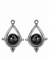 Sterling silver teardrop charms house faceted melanite medallions that dangle beautifully from PANDORA french wire and hoop earrings.