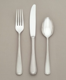 The distinctive formal Ribbon Edge Frost pattern is designed with a matte-finished ribbon gracefully entwining the polished stainless steel handle. Includes a sugar spoon, butter knife and two tablespoons. The distinctive formal Ribbon Edge Frost pattern is designed with a matte-finished ribbon gracefully entwining the polished stainless steel handle. Includes a sugar spoon, butter knife and two tablespoons.
