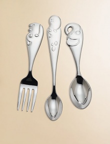 Perfect for the little explorer who's fascinated with the wild creatures found in the jungles and rainforests. Part of the Jungle Parade Collection, this easy-care stainless steel set features a fork with a rhino handle, a feeding spoon with a hippo and spoon with an elephant. Make feeding time fun with these happy animals!Elegantly gift boxedStainless steelFork & spoon, 4.5LInfant feeding spoon: 5.5LDishwasher safeImported Perfect for the little explorer who's fascinated with the wild creatures found in the jungles and rainforests. Part of the Jungle Parade Collection, this easy-care stainless steel set features a fork with a rhino handle, a feeding spoon with a hippo and spoon with an elephant. Make feeding time fun with these happy animals!Elegantly gift boxedStainless steelFork & spoon, 4.5LInfant feeding spoon: 5.5LDishwasher safeImported