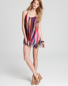 A vibrant streaky print brightens up this Sky dress, cut in an ultra-abbreviated silhouette with intricately braided straps. A vibrant streaky print brightens up this Sky dress, cut in an ultra-abbreviated silhouette with intricately braided straps.