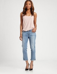 The classic five-pocket style, crafted in a slouchy-chic boyfriend fit.THE FITRelaxed fitRise, about 8Inseam, about 30THE DETAILSZip flyFive-pocket styleBack patch pockets92% cotton/7% polyester/1% spandexHand wash or dry cleanMade in USA of imported fabricModel shown is 5'8½ (174cm) wearing US size 4. The classic five-pocket style, crafted in a slouchy-chic boyfriend fit.THE FITRelaxed fitRise, about 8Inseam, about 30THE DETAILSZip flyFive-pocket styleBack patch pockets92% cotton/7% polyester/1% spandexHand wash or dry cleanMade in USA of imported fabricModel shown is 5'8½ (174cm) wearing US size 4.