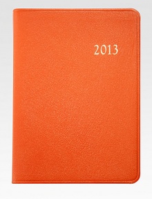 The ideal social agenda, featuring month-at-a-view and week-at-a-view pages, daily note pages plus maps, travel and holiday information.Hand-crafted, Smyth-sewn goatskin leather coverGilt-edged acid-free creamy white paperAbout 5½W X 7½HMade in USA The ideal social agenda, featuring month-at-a-view and week-at-a-view pages, daily note pages plus maps, travel and holiday information.Hand-crafted, Smyth-sewn goatskin leather coverGilt-edged acid-free creamy white paperAbout 5½W X 7½HMade in USA