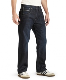 Tired of those too-skinny blues? Keep it loose and laid back with these straight-fit jeans from Levi's. Tired of those too-skinny blues? Keep it loose and laid back with these straight-fit jeans from Levi's.