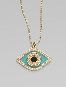 A protective evil eye, strung from a delicate 14k yellow gold chain, is rendered in sparkling diamonds and vibrant enamel.Diamonds, 0.39 tcw Enamel 14k yellow gold Chain length, about 16 Width, about ¾ Claw Clasp Made in USA A protective evil eye, strung from a delicate 14k yellow gold chain, is rendered in sparkling diamonds and vibrant enamel.Diamonds, 0.39 tcw Enamel 14k yellow gold Chain length, about 16 Width, about ¾ Claw Clasp Made in USA