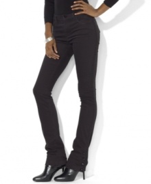 Lauren Jeans Co.'s sleek black stretch jean is accented with glamorous faceted buttons and Western-inspired spats at the cuffs for a statement in modern elegance.