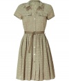 Channel ladylike style in this lovely frock from Mulberry - Spread collar, short sleeves, front button placket, chest flap pockets, fitted bodice, detachable waist belt, full skirt, all-over clover print - Pair with a cropped cardigan and peep-toe pumps