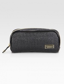 Black patent trim, periwinkle liner and gold zipper add a decidedly cool edge to not-so-basic black raffia. For the lady who craves something classic, with a twist. This compact zip-around cosmetic is just the right size for lipstick, mascara, and other beauty basics. 7W X 3H X 2D. Black patent trim, periwinkle liner and gold zipper add a decidedly cool edge to not-so-basic black raffia. For the lady who craves something classic, with a twist. This compact zip-around cosmetic is just the right size for lipstick, mascara, and other beauty basics. 7W X 3H X 2D.