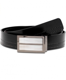 Buckle up. Take the fast lane to sophistication with this handsome, silver-buckled leather belt with from American Rag.