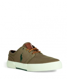 Canvas sneakers from Polo Ralph Lauren in trendy olive color - Features leather lacing, wide white rubber sole, and iconic polo player logo - Easy to slip on and off and incredibly comfortable to wear - Pair with jeans, chinos or shorts for a casual look that is effortlessly stylish