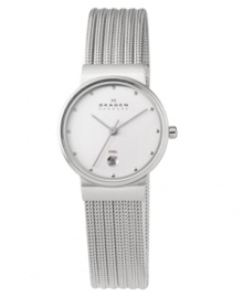 Modern style from Denmark. This Skagen Denmark watch features a mesh stainless steel bracelet and round case. Silvertone dial with dot markers, logo and date window. Quartz movement. Water resistant to 30 meters. Limited lifetime warranty. Modern style from Denmark. This Skagen Denmark watch features a mesh stainless steel bracelet and round case. Silvertone dial with dot markers, logo and date window. Quartz movement. Water resistant to 30 meters. Limited lifetime warranty.