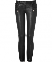 Edgy biker styling gets an ultra-luxe remix in these of-the-moment leather pants from Balmain - Hidden hook closure, zip fly, slit and zippered pockets on front and back, belt loops, quilted panels at top and sides, inside ankle zips - Skinny fit - Wear with a statement fur coat and sleek platform lace-ups