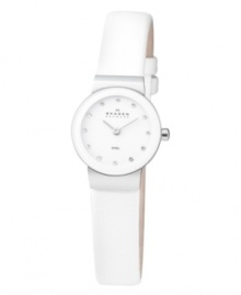 A beautiful, monochromatic watch that goes with every look, by Skagen Denmark. Smooth white leather strap and round stainless steel case. White dial with Swarovski crystals at indices and logo. Quartz movement. Water resistant to 30 meters. Limited lifetime warranty.