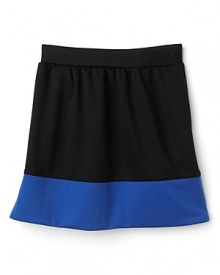 A charmingly mod colorblock skirt from Aqua, with a elastic waistband. A charmingly mod colorblock skirt from Aqua, with a elastic waistband.