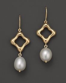 Cultured freshwater pearls dangle from 14K yellow gold diamonds.