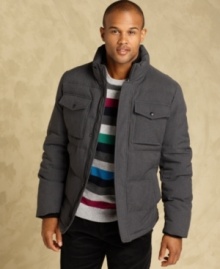 This puffer jacket from Tommy Hilfiger features a filled stand collar that lends your cold-weather style a contemporary look. This puffer jacket from Tommy Hilfiger features a filled stand collar that lends your cold-weather style a contemporary look.