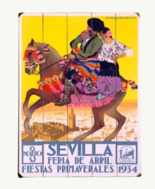 Party like it's 1934 with this vividly illustrated sign advertising Spain's biggest celebration, the Sevilla Fair. Extravagant detail on solid wood adds drama to bedrooms or dens with decidedly vintage flair.