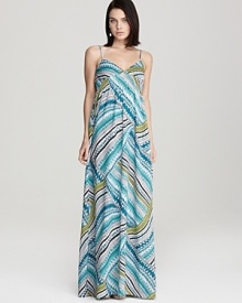 The vivid zigzag print on this day-perfect Aqua maxi imbues your wardrobe with a kaleidoscope of color--trend-right for spring and simply delightful for a day spent lunching with friends.