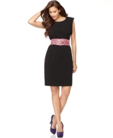 A sheath becomes so much more when you add a stylish belt. Calvin Klein's new dress is the perfect example, cinched by a wide double-buckle belt in a bright hue. (Clearance) A sheath becomes so much more when you add a stylish belt. Calvin Klein's new dress is the perfect example, cinched by a wide double-buckle belt in a bright hue. (Clearance)