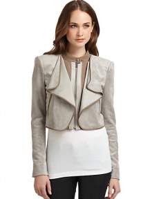 THE LOOKCropped silhouettePadded shouldersDraped, cascading frontZip closureAngled welt pocketsTHE FITAbout 17 from shoulder to hemTHE MATERIALShell: polyester/spandexSecond fabric: cotton/nylonThird fabric: rayon/nylon/spandexFully linedCARE & ORIGINDry cleanImportedModel shown is 5'10 (177cm) wearing US size Small. THE LOOKCropped silhouettePadded shouldersDraped, cascading frontZip closureAngled welt pocketsTHE FITAbout 17 from shoulder to hemTHE MATERIALShell: polyester/spandexSecond fabric: cotton/nylonThird fabric: rayon/nylon/spandexFully linedCARE & ORIGINDry cleanImportedModel shown is 5'10 (177cm) wearing US size Small.
