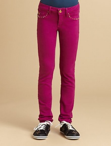 Super skinny, almost like leggings, these clingy jeans have street-smart golden studs edging the pockets for a touch of bling.Waistband with button close and belt loopsZip flyFront scoop pockets with studs and coing pocket with charmBack patch pockets with studsSkinny fit86% cotton/11% polyester/3% spandexMachine washMade in USA Super skinny, almost like leggings, these clingy jeans have street-smart golden studs edging the pockets for a touch of bling.Waistband with button close and belt loopsZip flyFront scoop pockets with studs and coing pocket with charmBack patch pockets with studsSkinny fit86% cotton/11% polyester/3% spandexMachine washMade in USA