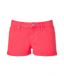 Get the look of the season in these bold colored denim shorts from Marc by Marc Jacobs - Five-pocket styling, cuffed hem, ultra-short length - Style with an oversized blouse, platform booties, and a printed tote