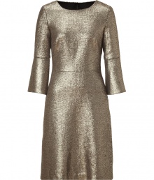 Swing into the new season in 60s style in Goats metallic gold lam? shift - Rounded neckline, 3/4 flared sleeves, hidden back zip, fitted bodice, A-line skirt - Pair with pumps and a jet black clutch Swing into the new season in 60s style in Goats metallic gold lam? shift - Rounded neckline, 3/4 flared sleeves, hidden back zip, fitted bodice, A-line skirt - Pair with pumps and a jet black clutch