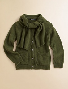 A plush, ultra-luxe, button-front knit with an attached scarf and patch pockets.Scarf collarLong sleevesButton-frontFront patch pocketsRibbed cuffs and hem40% wool/25% polyamide/25% rayon/10% cashmereHand washMade in Italy Please note: Number of buttons may vary depending on size ordered. A plush, ultra-luxe, button-front knit with an attached scarf and patch pockets.Scarf collarLong sleevesButton-frontFront patch pocketsRibbed cuffs and hem40% wool/25% polyamide/25% rayon/10% cashmereHand washMade in Italy Please note: Number of buttons may vary depending on size ordered.