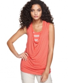 Contrasting stripes create a unique combination! The inset tank is connected to the cowlneck top for a perfectly-coordinated look from Cha Cha Vente. Contrasting stripes create a unique combination! The inset tank is connected to the cowlneck top for a perfectly-coordinated look from Cha Cha Vente.